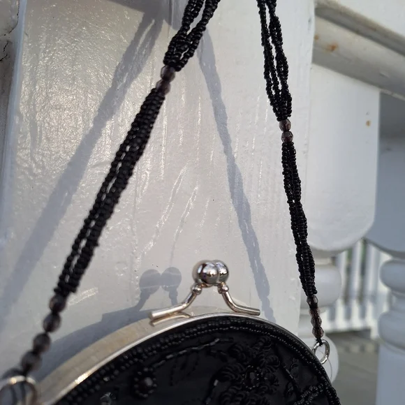 Beaded Mini Bag Black Sequin Kisslock Le Regale Classic Vintage Satin Purse - Picture 6 of 15